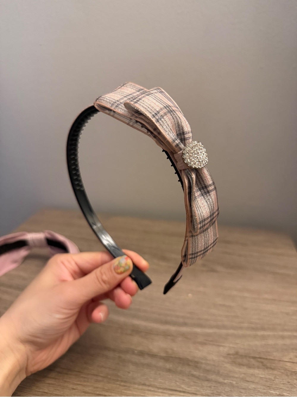 Plaid Pink Knotted Headband with Crystal Accent Set 2 - Picture 5 of 7